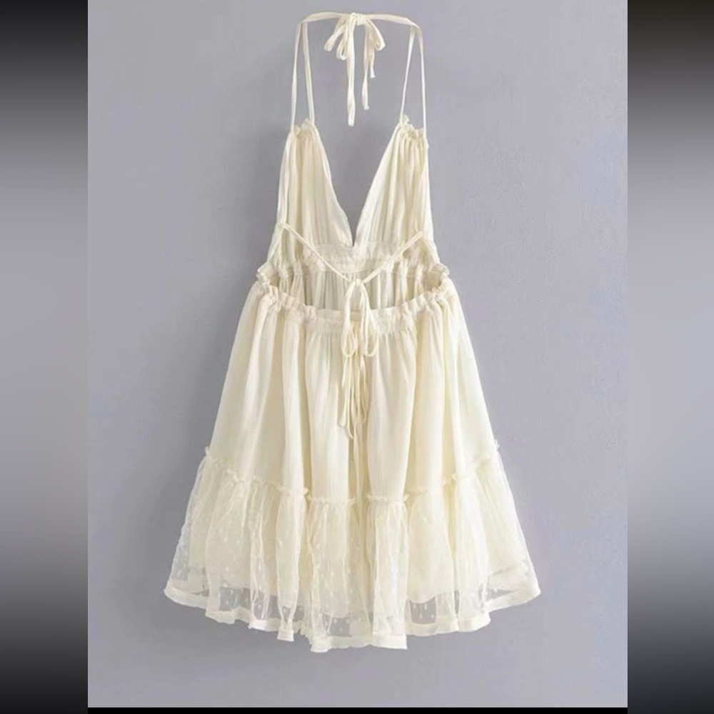 Boho Backless V Halter Swiss Dot Mini Dress - Picture 13 of 15